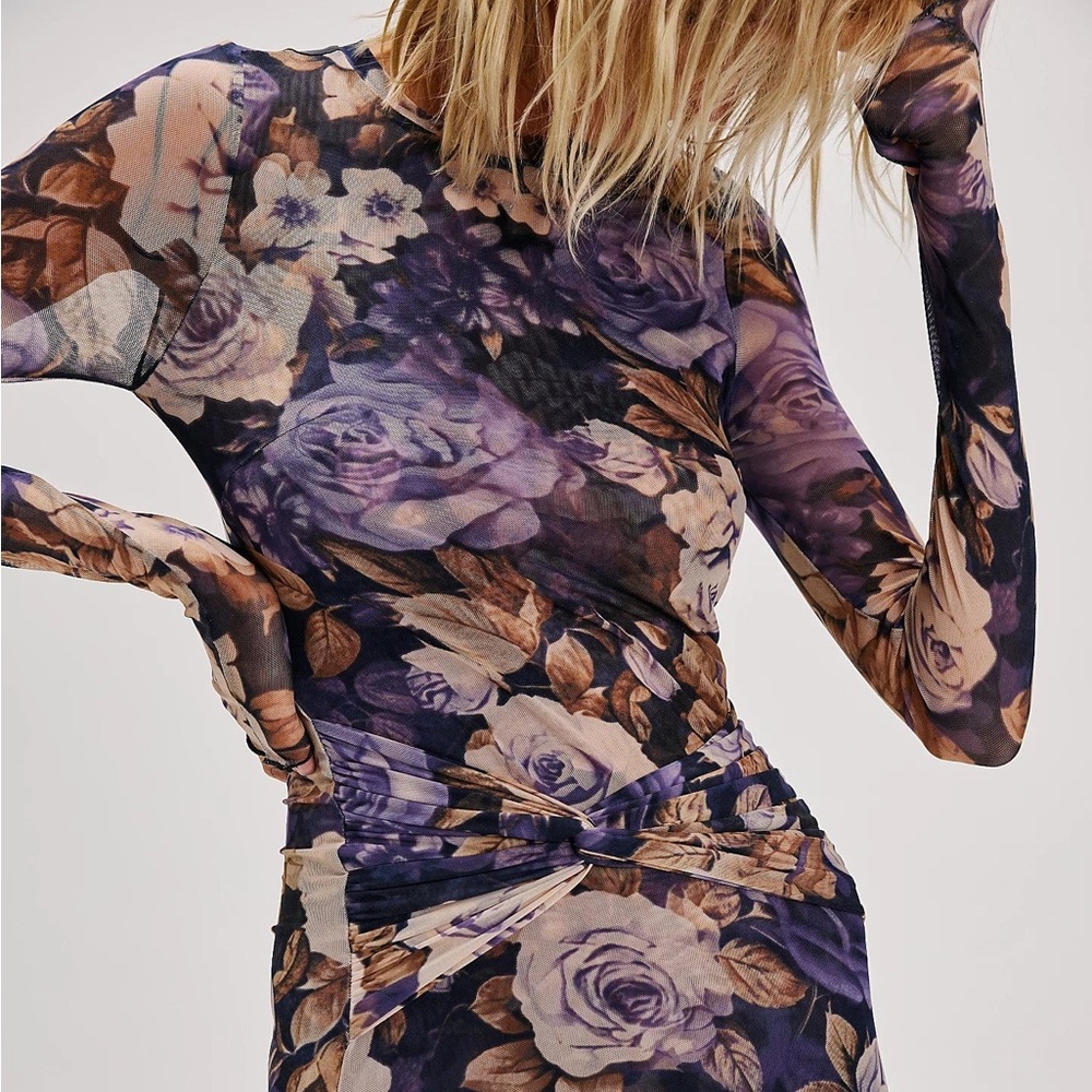 NWT Free People Gianni Maxi Dress Purple Floral Mesh Long Sleeve Ruched Slit S